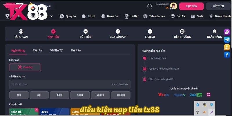 Một vài điều kiện cần tuân theo khi nạp tiền TX88